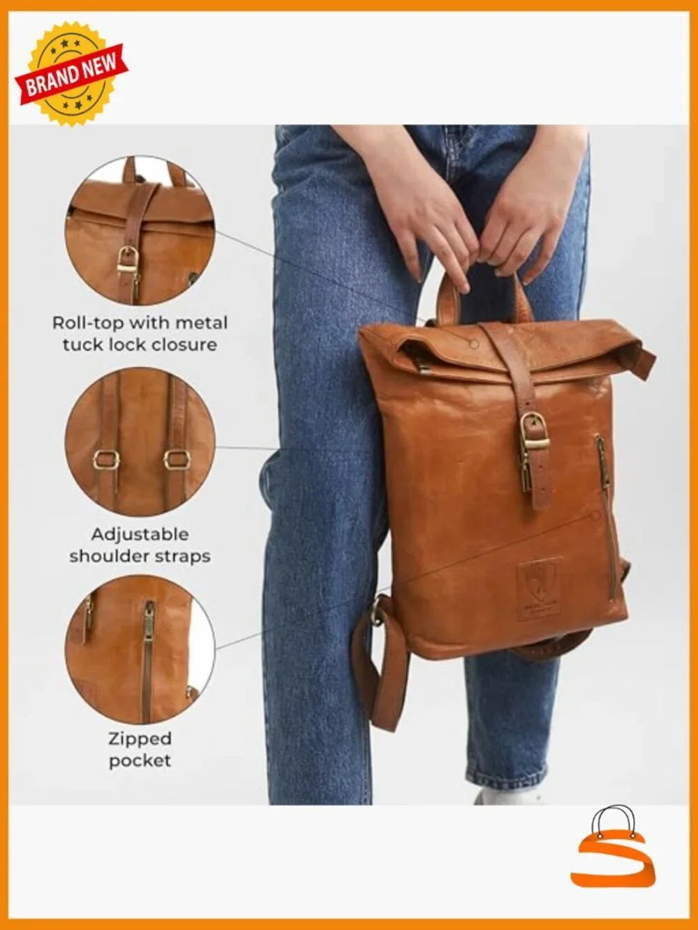 Vintage Genuine Leather Backpack for Women - Small Daypack with Roll-Top Closure